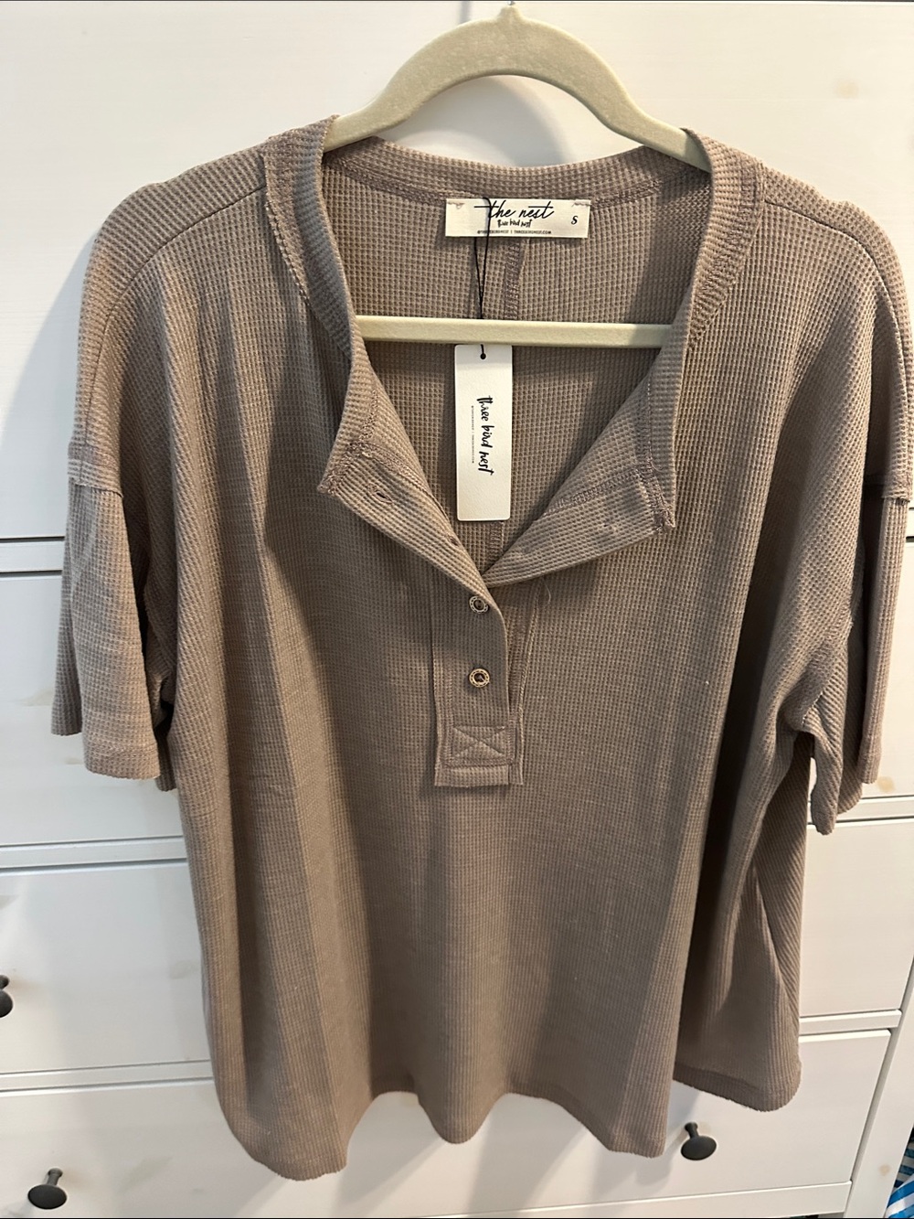Three Bird Nest Waffle Knit Henley Short Sleeve Top - Taupe
